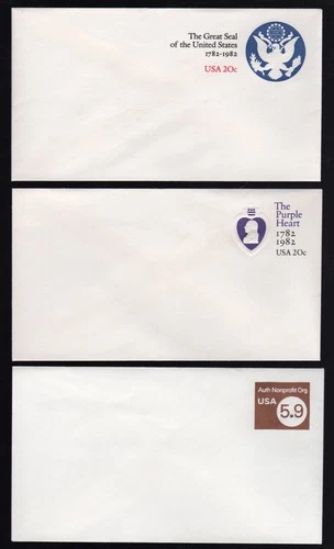 POSTAL ENVELOPES - three (3) envelopes - two (2) 20¢ & one (1) 5.9¢ Mint, Unused