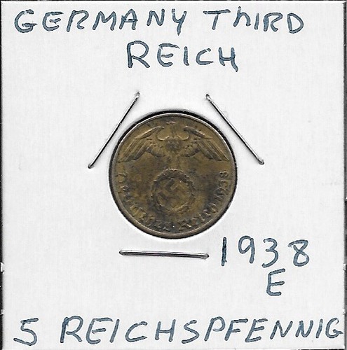 GERMANY THIRD REICH 5 REICHSPFENNIG 1938-E EAGLE ABOVE SWASTIKA WITHIN WREATH,DE - 第 1/2 張圖片