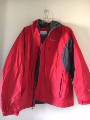 Columbia Size XL Sports Wear Waterproof Red Gray Hood Wind Breaker Men Jacket