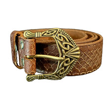 Womens Tooled Embossed Brown Leather Belt Celtic Brass Buckle SIZE XL- XXL