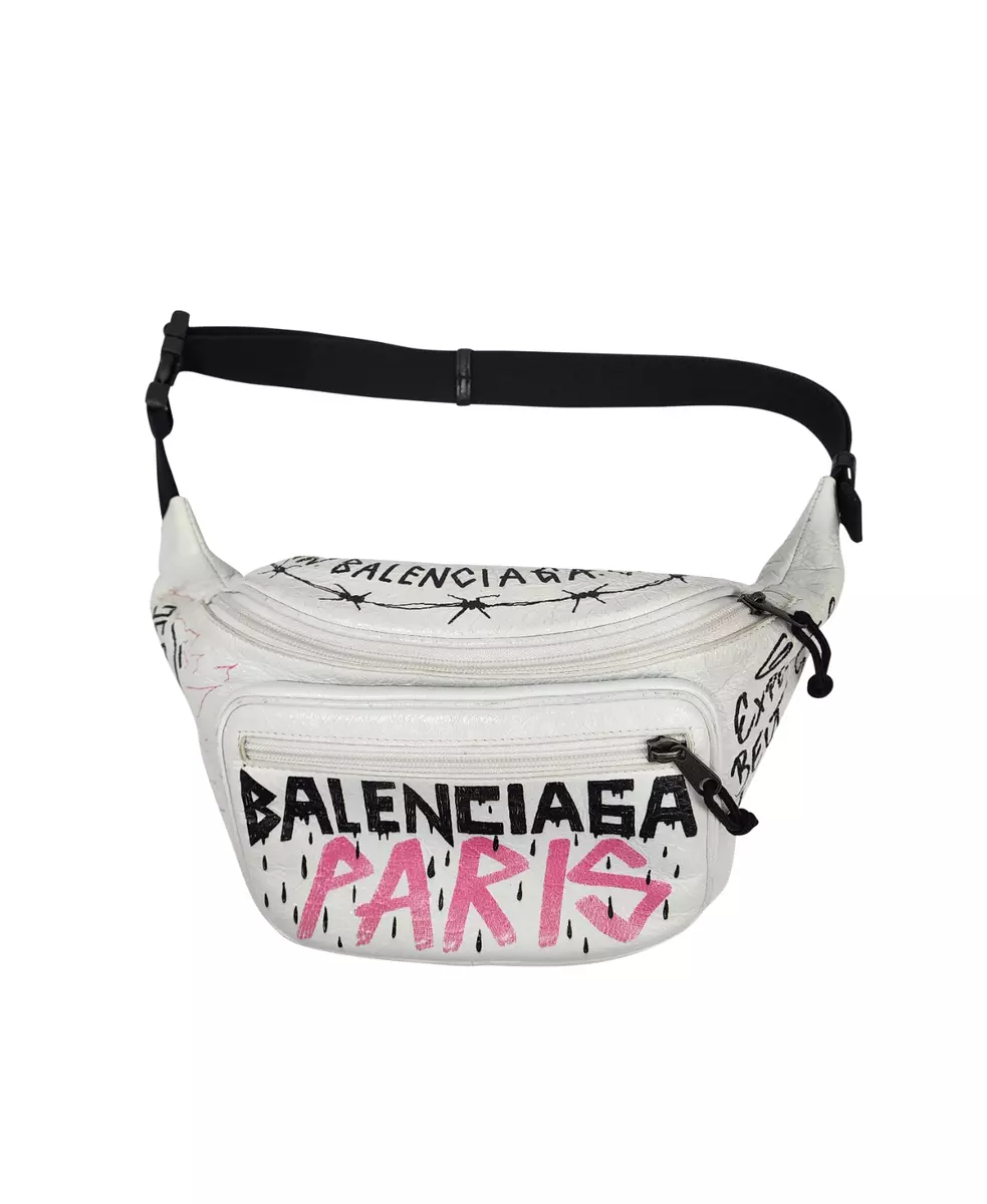 Balenciaga Black And White Souvenir Xs Graffiti Leather Belt Bag