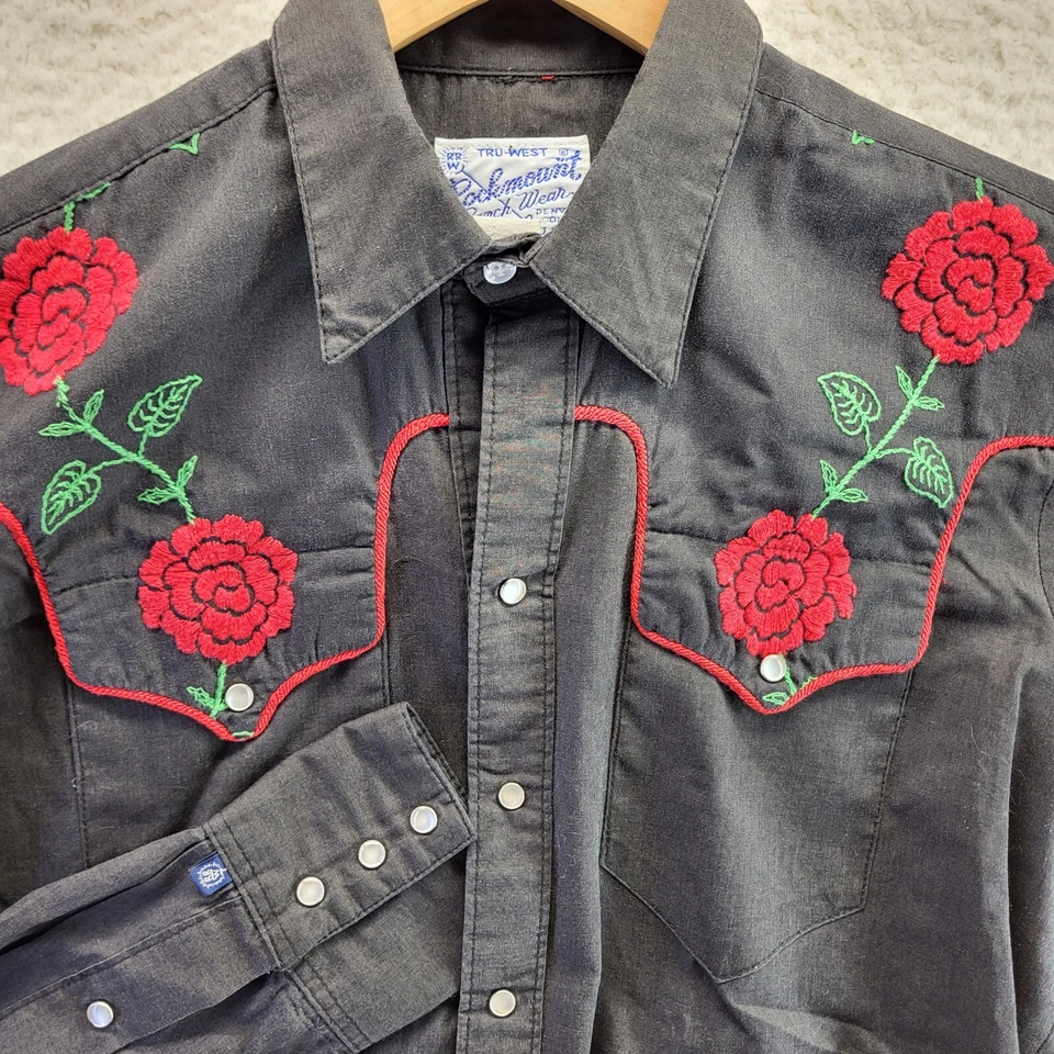 Rockmount Ranch Wear Shirt Men Medium Black Western Snap Embroidered Cowboy Rose - Image 2 of 4