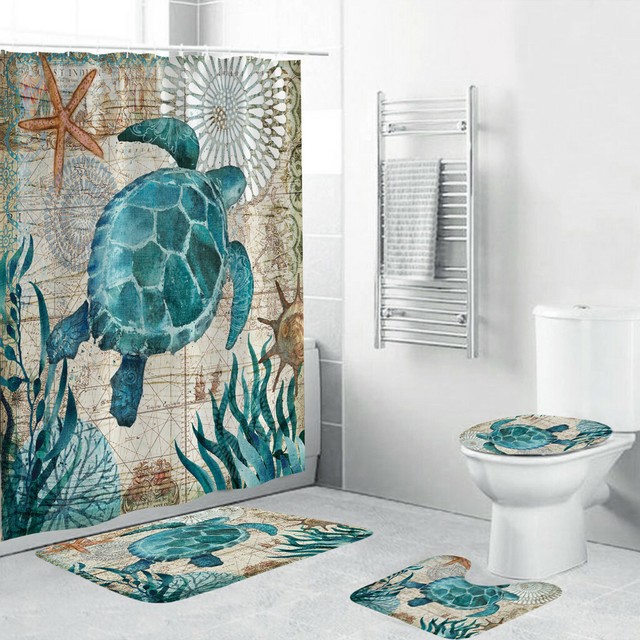 Sea Style Bathroom Polyester Shower Curtain Non Slip Toilet Cover Rugs Mat Set