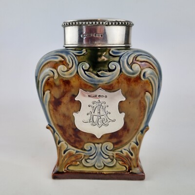Antike silbermontierte Doulton Lambeth Teedose aus dem 19. Jahrhundert ''Ehrlicher Tee ist der beste...