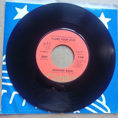 EDWARD BEAR Close Your Eyes 45 7'' COUNTRY Vinyl Record Capitol Records 1973