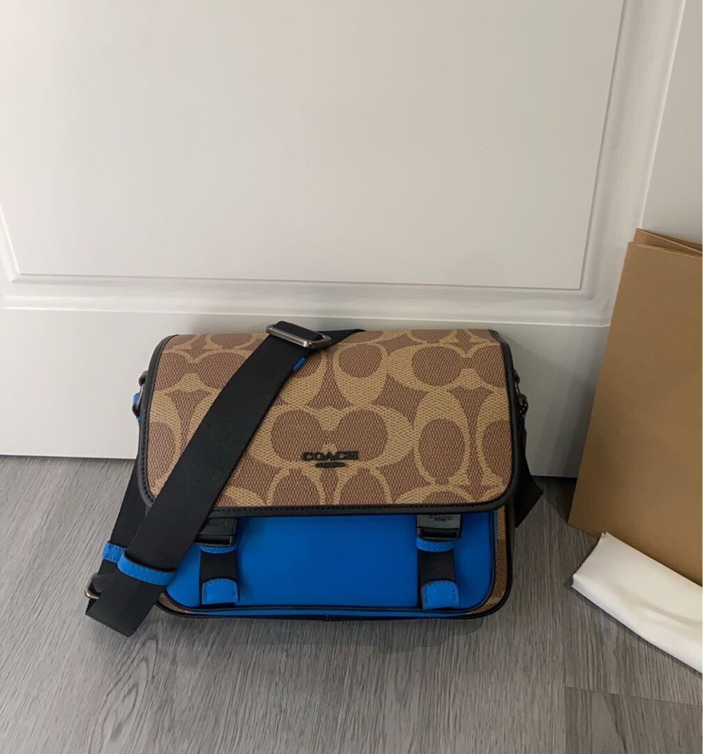 COACH Racer Messenger Bag Blocked Signature Canvas Walnut