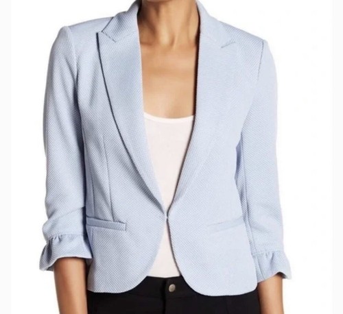 AMANDA CHELSEA Women’s size 6 Light Blue Stretch Waffle Ponte Ruffle Jacket New