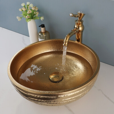 16'' Round Bathroom Vessel Sinks Gold Ceramic Basin Bowl Sink Combo Faucet Drain