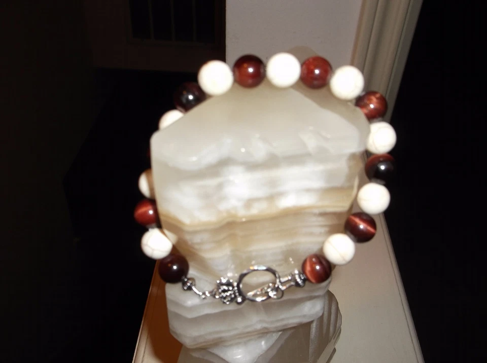 PULSERA HOMBRE HECHA A MANO 9 1/4" 10 MM OJO DE TIGRE ROJO Y TURQUESA BLANCO CUENTAS Foto 3 de 4