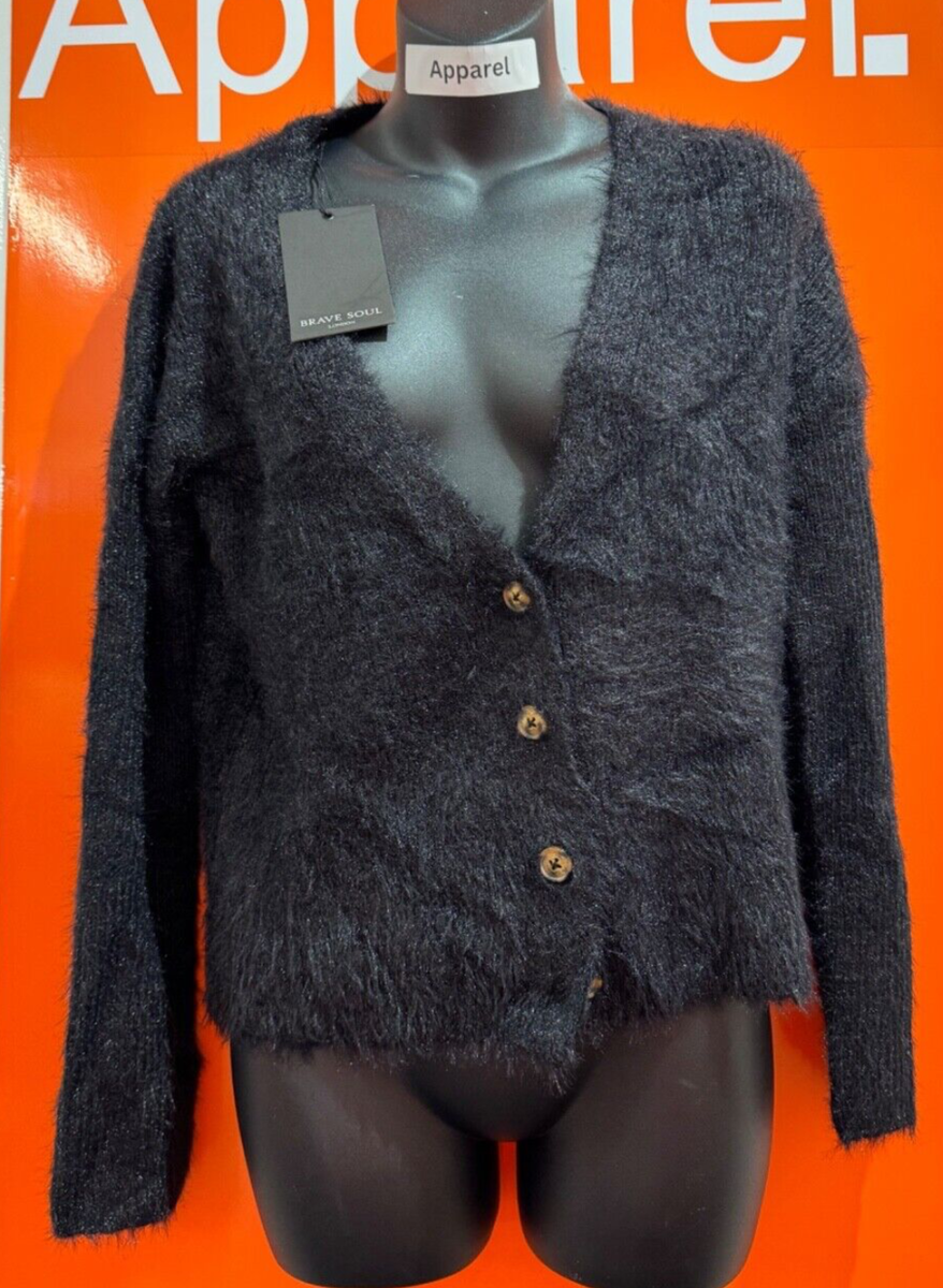 Brave Soul Black Fluffy V-Neck Cardigan, Size Small, New With Tag