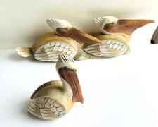 Carved Wood Pelicans Figurines Beach House Nautical Coastal Decor 3 Birds