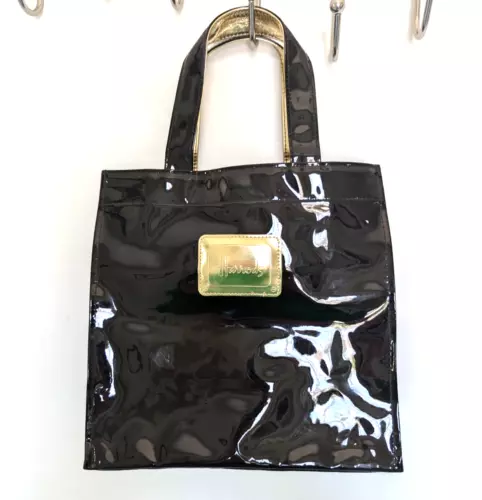Harrods London PVC Vinyl Black & Gold Patent Shopper Tote Shopping Bag Small