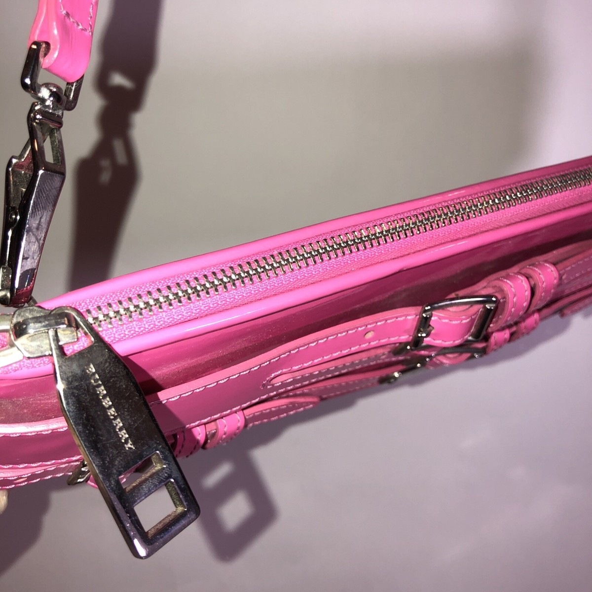 Burberry Pink Patent Leather Clutch Handbag Convertible Bridle