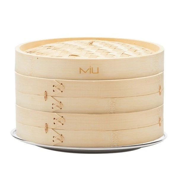 MIU Bamboo Steamer Basket 2-Tier 10" 4-Piece Dim Sum Dumpling Healthy Cooking