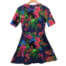 Vince Camuto Mini Fit Flare Dress Navy Vibrant Multi Floral Short Sleeve Size 4