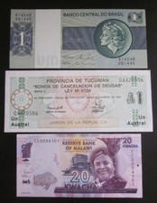 WORLD MIXED UNC BANKNOTES LOT of 3 BRAZIL, ARGENTINA, MALAWI 1980, 1991, 2020