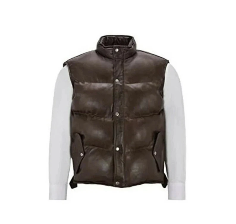 Men's Brown Puffer Lambskin Leather Vest Leather Waistcoat