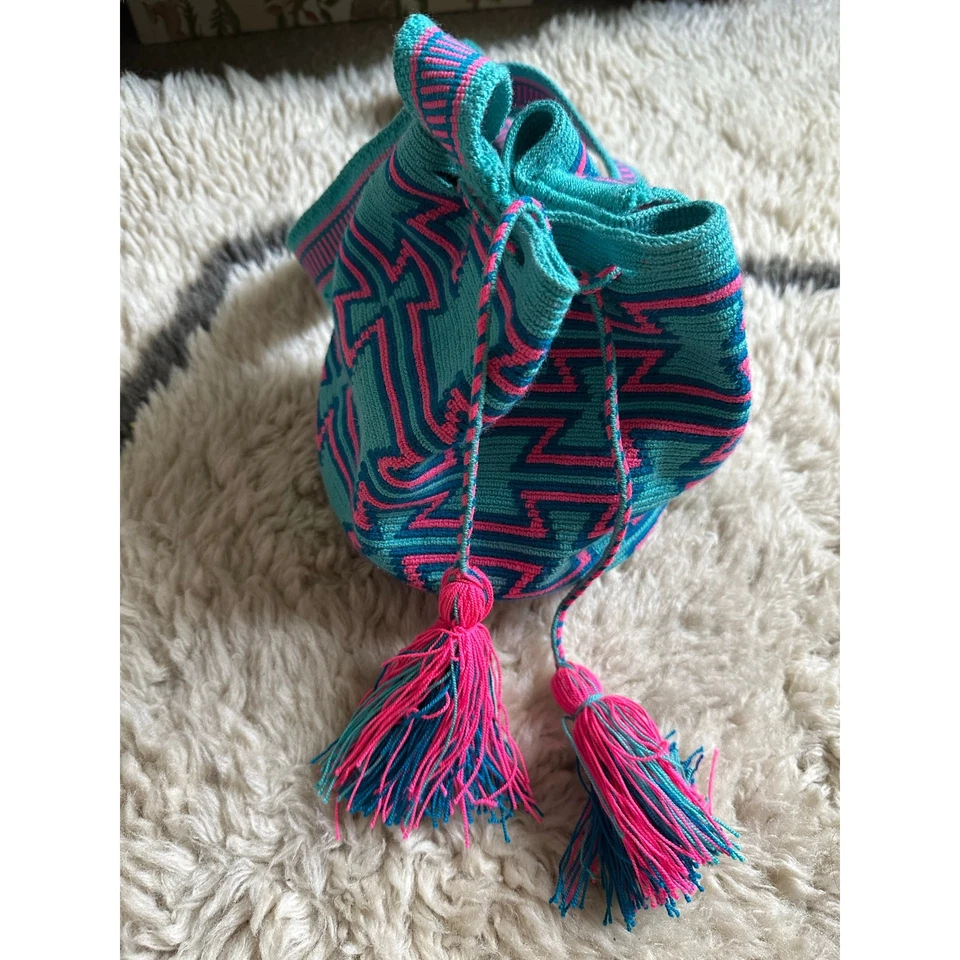 Подлинный 100% Wayuu Mochila колумбийская сумка хлопок конфеты богемный синий розовый неон - Изображение 4 из 4