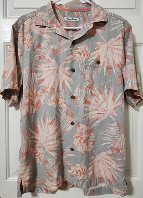  Tommy Bahama Shirt Mens Medium M Silk Blend Tropical Floral Grey Pink Coolmax