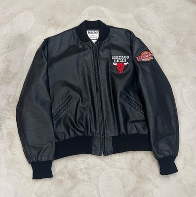 Vintage 90's Delong Black Leather NBA Chicago Bulls Jacket Size 48/L Made In USA