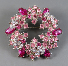 Vintage SILVER TONE WREATH BROOCH PIN Pink  Clear Rhinestones NAVETTES Leaves