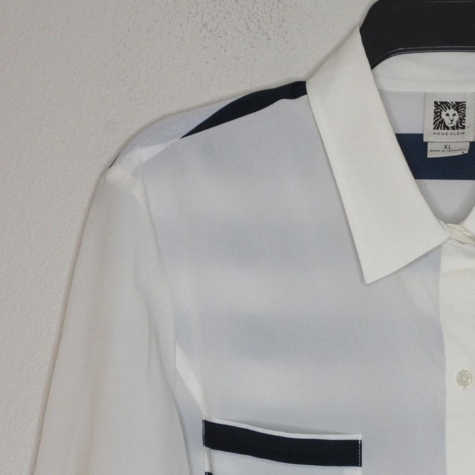 Blusa para mujer Anne Klein blanca con cuello delantero a rayas trasera semi transparente XL B77 Foto 3 de 4
