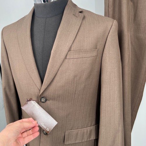 NWT Perry Ellis Brown Suit Size 40S Classic Fit Jacquard Pinstripes Pants 31/32 - Picture 2 of 10