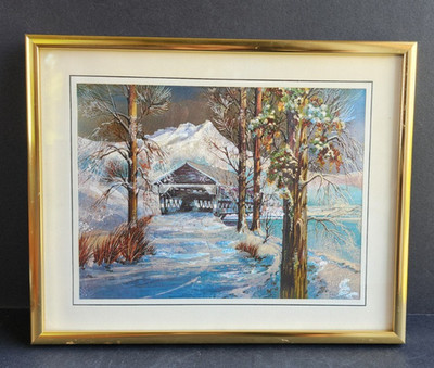 Vintage metal foil art winter changing scenery covered bridge water mountains