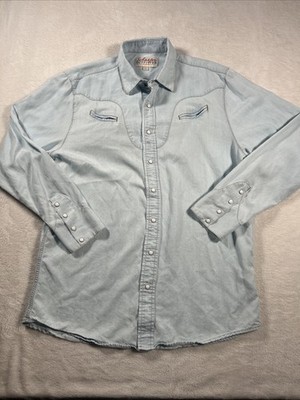 Schaefer Outfitter Mens Vintage Chisholm Denim Pearl Snap Work Shirt Sz XL Rodeo