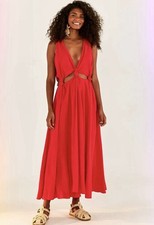 Farm Rio Knotted Cutout Linen-blend Midi Dress size Medium Papaya