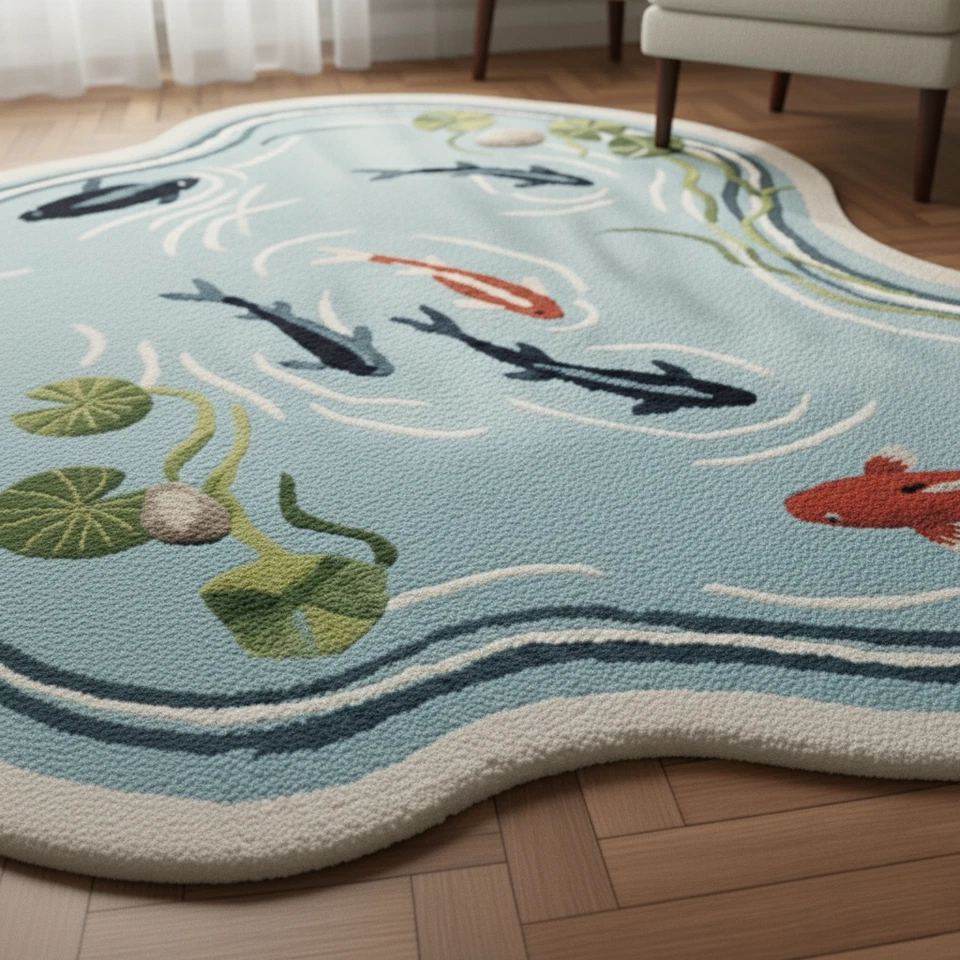 Alfombra de lana acolchada irregular con diseño de estanque de peces Koi azul roto Foto 3 de 4