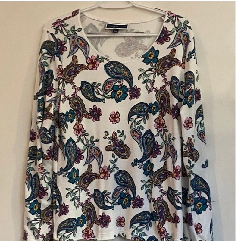 Womens Paisley Print Long Sleeve Top L Soft Casual Blouse Cream Multicolor - Image 3 of 4