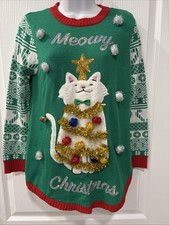 Joy Land Green/Red Christmas Cat Holiday Ugly Sweater Party Sz M