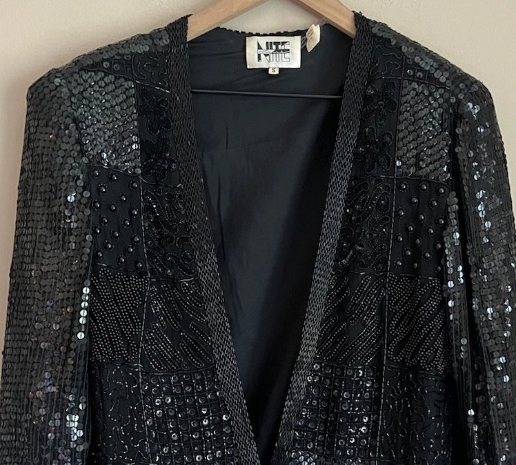 Blazer Chaqueta Vintage Lentejuelas Niteline Negro Pequeño 4 6 Cóctel Años 80 90 Foto 3 de 4