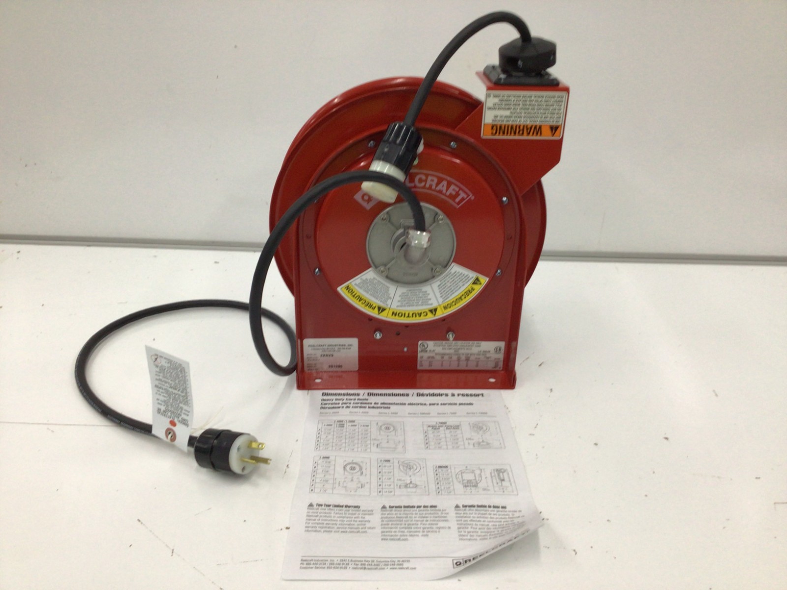 Reelcraft L 4545 123 3A Cord Reel, Spring Retracted, Nema 5-20R, 12 Awg, Red