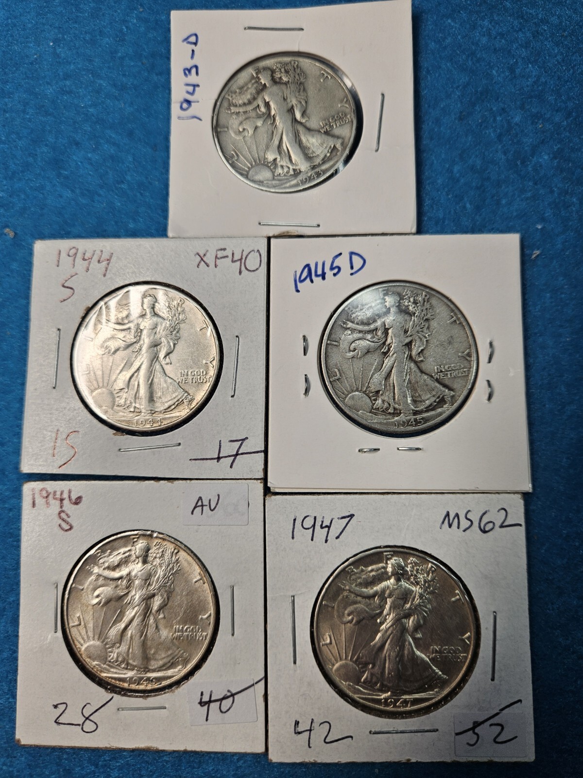 Lot of (5) 1943-D, 1944-S, 1945-D, 1946-S, & 1947-P - 50c Walking Liberty