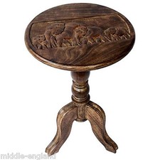 56CM ROUND WINE TABLE OCCASIONAL SIDE END LAMP MANGO WOOD ELEPHANT CARVINGS