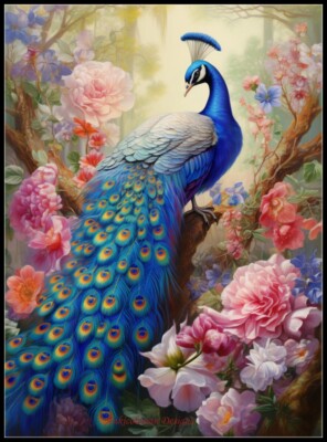 Peacock and Flowers in Jung - Counted Cross Stitch Patterns - Color & BW Symbols