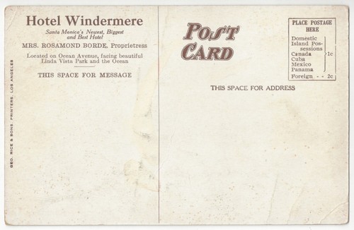 1909 Santa Mónica, California - Hotel Windermere publicidad - Los Angeles Co. - Imagen 2 de 2