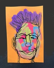 Man Portrait Painting Naive Outsider 4x6 Small Colorful Spiked Hair April Fool