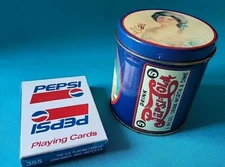 Pepsi Cola Tin Advertising Metal Round Can Gibson Girl  1988 & NEW Playing Cards
