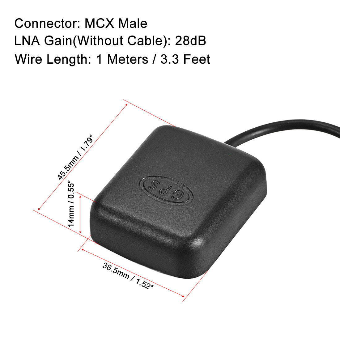 GPS Active Antenna MCX Plug 28dB with Magnetic Mount 1 Meters Wire