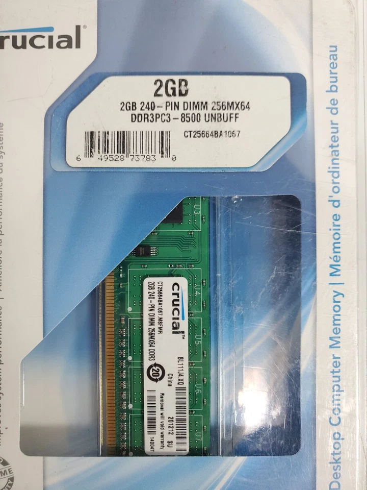 NEW Crucial 2GB DDR3 PC3-8500 UNBUFF DIMM 240 Pin RAM Memory  - Image 2 of 4