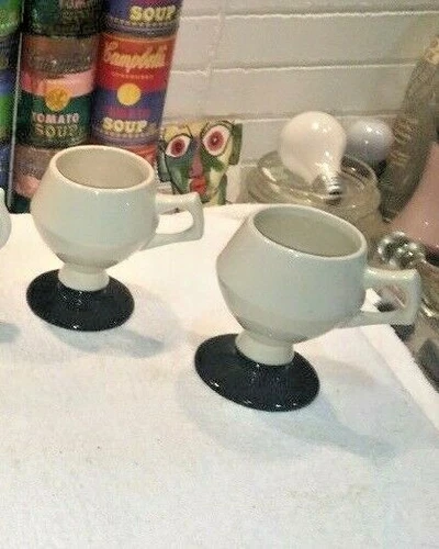 (2) vintage HALL 2273 cool shaped pedestal footed Irish Coffee MUGS Black