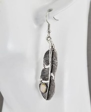 Silver feather earrings dangle metal feather lightweight 2.5" long cream bead