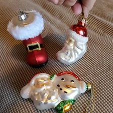 Christmas Ornaments Mercury Glass Lot 3 Santa Furry Boot Cresent Moon & Snowman