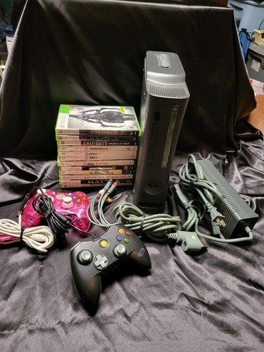 Xbox 360 120GB Hard Drive Black Console BUNDLE W 2 Wired Controllers 12 Games