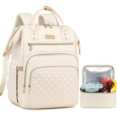 Beige Lunch Backpack 15.6 Inch Laptop Insulated Cooler Bag Travel Work Women