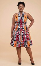 African Smocked Waist Fit  Flare Midi Dress with Head Wrap  One Size