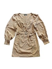 Pretty Little Thing Brown Gingham Check Long Sleeve Mini Dress • Size 12